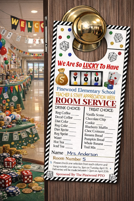 Casino Theme Teacher Appreciation Week Printable Room Service Door Hangers