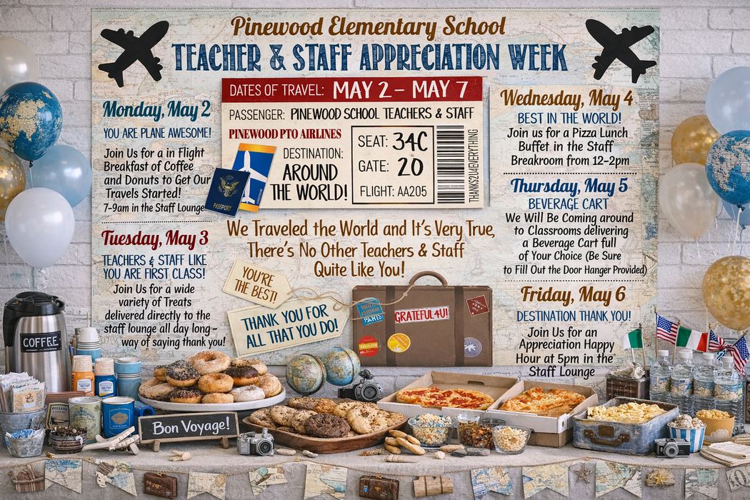 World Travel Map Themed Teacher Appreciation Week Itinerary Poster Printable