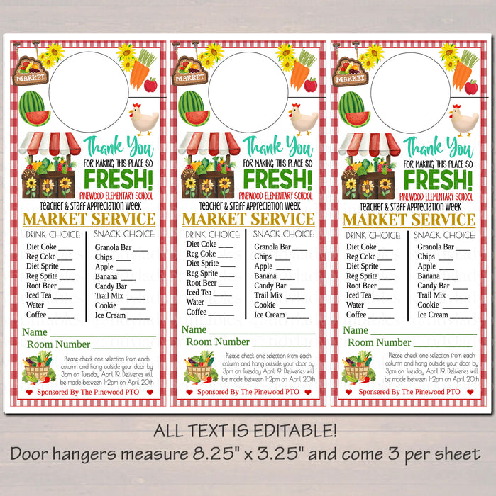 Farmers Market Theme Room Service Door Hanger, Teacher Staff Appreciation Week, Thank You Idea Printable