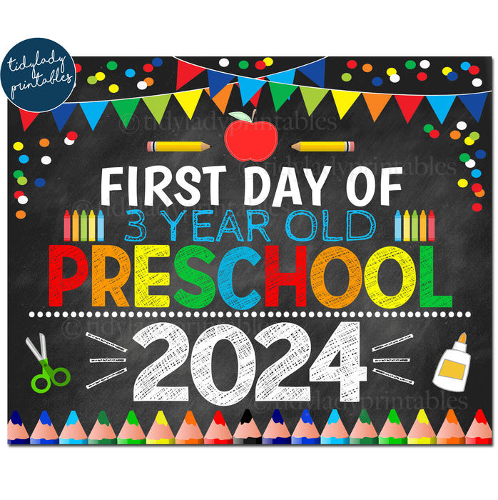 First Day of Three Year Old Preschool 2024, Printable Back to School Chalkboard Sign, Primary Colors Boy Confetti, Digital Instant Download