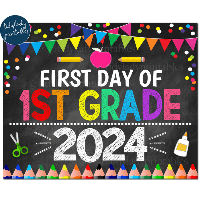 First Day of First Grade 2024, Printable Back to School Chalkboard Sign, Rainbow Colors Girl Confetti, 1st Grade Digital Instant Download