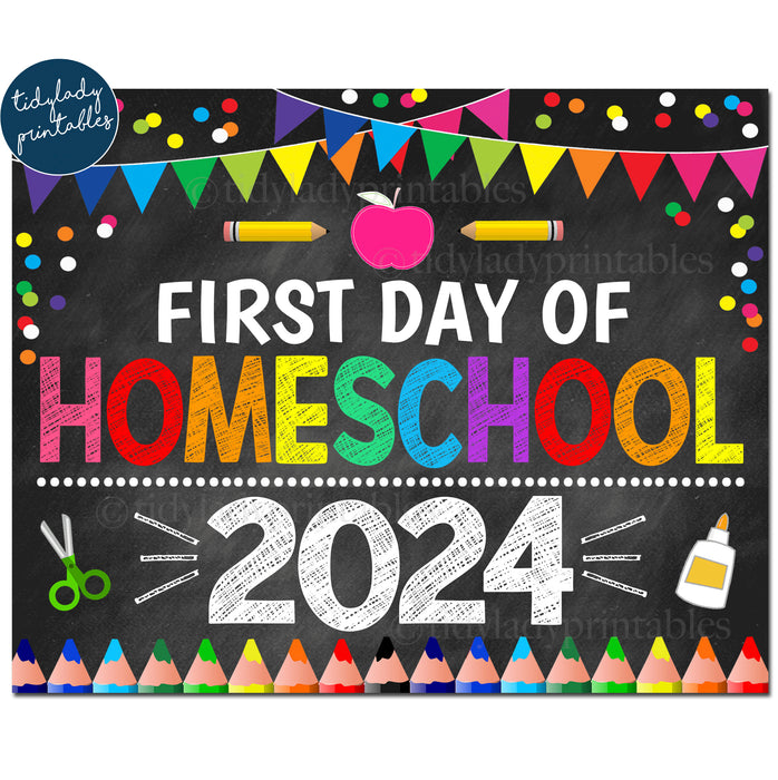 First Day of Homeschool 2024, Printable Back to School Chalkboard Sign, Rainbow Banner Confetti Girl, Digital Instant Download