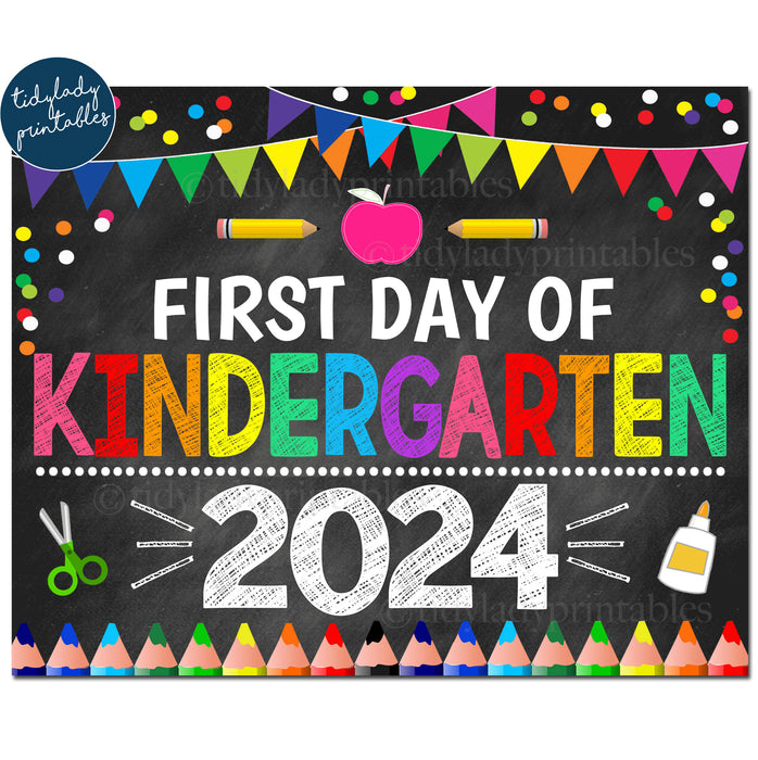 First Day of Kindergarten 2024, Printable Back to School Chalkboard Sign, Rainbow Colors Girl Banner Confetti, Digital Instant Download