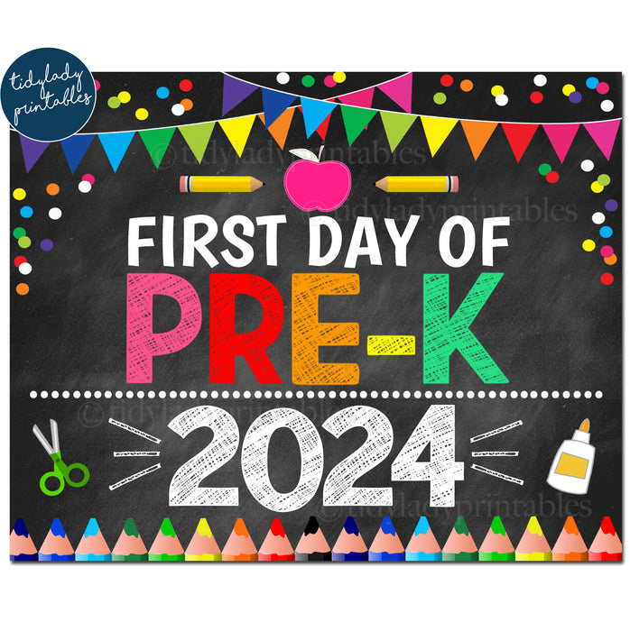 First Day of PRE-K 2024, Printable Back to School Chalkboard Sign, Rainbow Colors Girl Banner Confetti Digital Instant Download