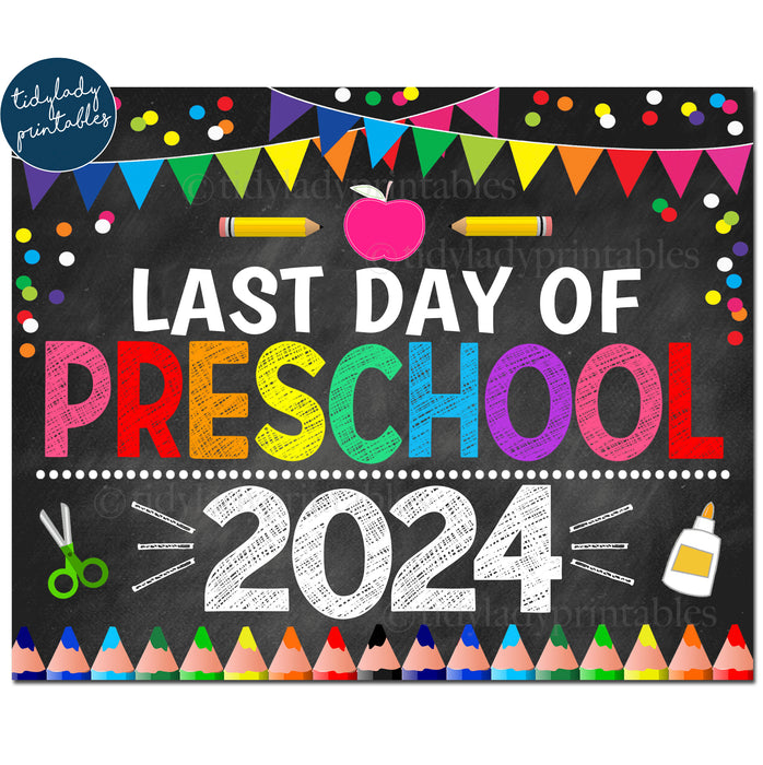 Last Day of Preschool 2022, Printable End of School Chalkboard Sign, Rainbow Colors Girl Banner Confetti Digital Instant Download