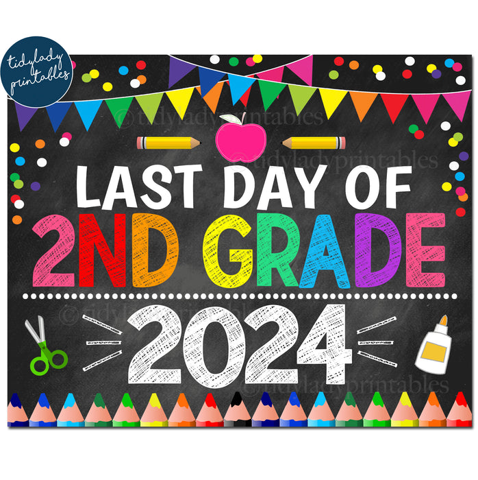 Last Day of Second Grade 2024, Printable End of School Chalkboard Sign, Rainbow Colors Girl Confetti, 2nd Grade Digital Instant Download