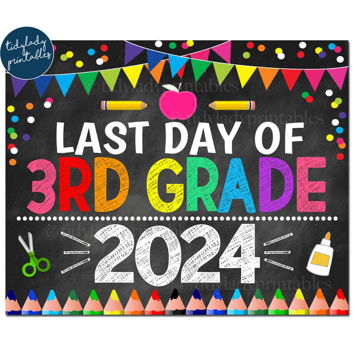 Last Day of Third Grade 2024, Printable Back to School Chalkboard Sign, Rainbow Colors Girl Confetti, 3rd Grade Digital Instant Download