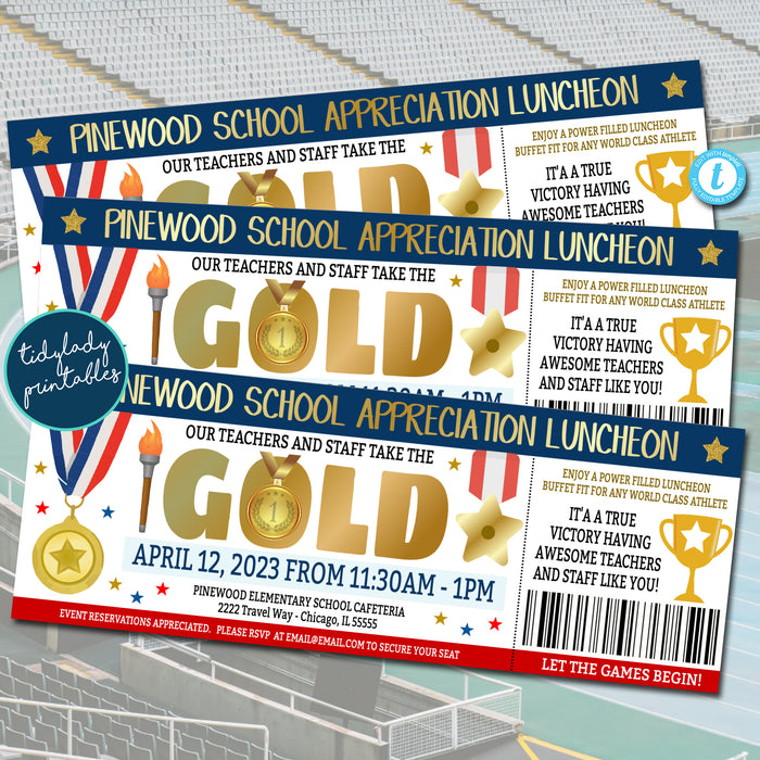 Gold Medal Theme Ticket, Summer Winter Games Teacher Appreciation Week Luncheon Invite, Printable Template