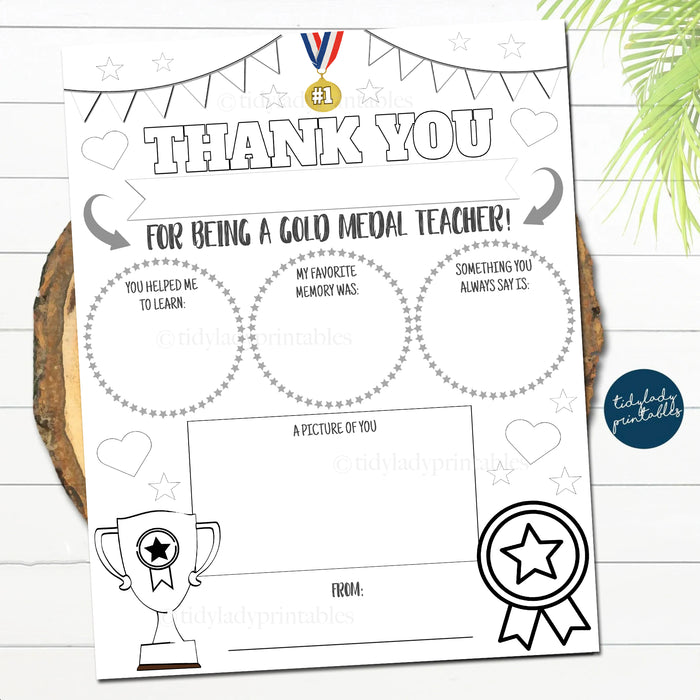 Gold Medal Theme Teacher All About My Teacher Worksheet, Thank You Coloring Page PRINTABLE