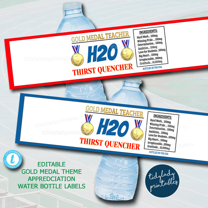 Gold Medal Theme Teacher Appreciation Week Printable Water Bottle Labels