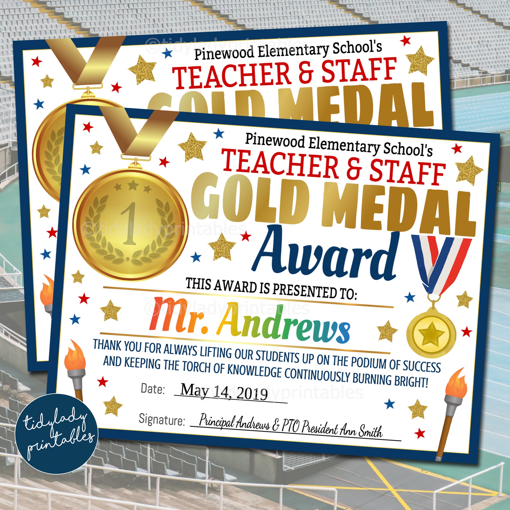 Gold Medal Theme Teacher Appreciation Week Award Certificate — TidyLady ...