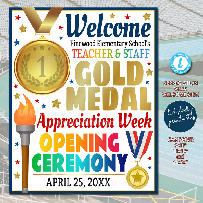 Gold Medal Theme Theme Teacher Staff Appreciation Week Welcome Sign Template