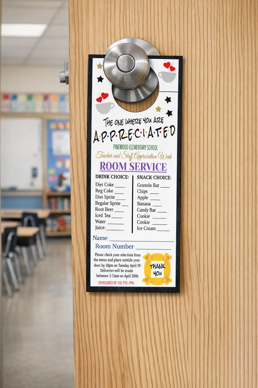Door sign with room service menu in a classroom setting