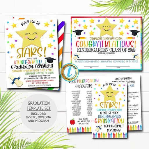 Reach for the Stars Graduation Set, Invite Printable Kindergarten Preschool Any Age Grad School Ceremony Program Diploma, EDITABLE TEMPLATE