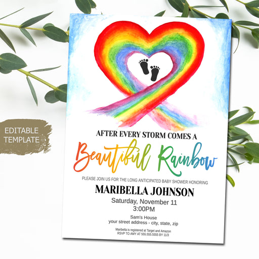 After a Storm Comes a Beautiful Rainbow Baby Shower Invite Template, Printable Editable, IVF Loss Adoption Celebration Party Invitation