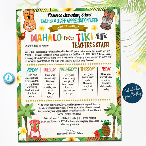 Editable Tiki-riffic Tropical Teacher Appreciation Staff Newsletter, Printable Appreciation Week Beach Hawaiian Luau Theme, Take Home Flyer