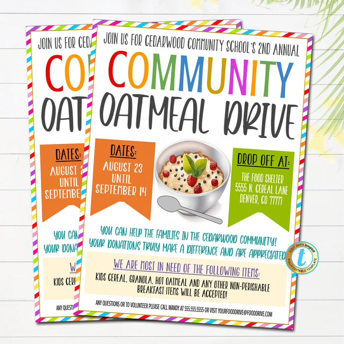 Oatmeal Drive Flyer, Printable Pta Pto Flyer, School Church Fundraiser Invite, Nonprofit Charity Community Donation Event, EDITABLE TEMPLATE