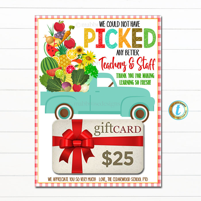 Farmers Market Theme Teacher Appreciation Week Gift Card Holder, Employee Staff School Pto Pta Couldn't Have Picked Better Teachers EDITABLE