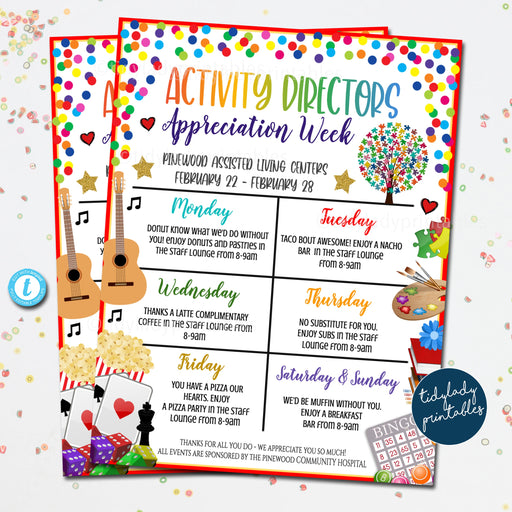 Activity Directors Appreciation Week Itinerary Template, Game Theme Assisted Living Staff Thank You Week Weekly Schedule Events, EDITABLE