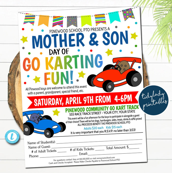 Mother Son Go Karting Day Flyer, Family Sports Games Night Party, Fundraiser Church Community Mom Son Event, School pto pta, EDITABLE