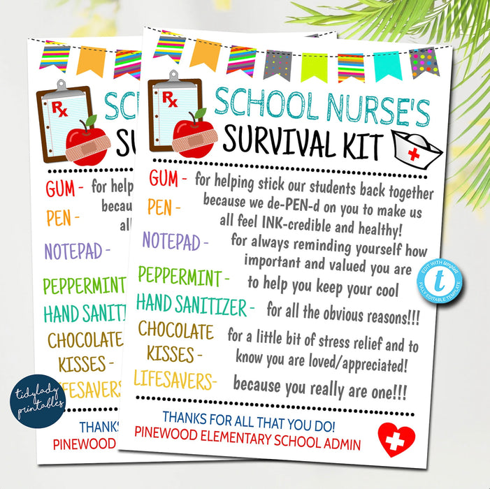School Nurse Survival Kit Gift Tags, National Nurses Day, School Nurse Appreciation Week