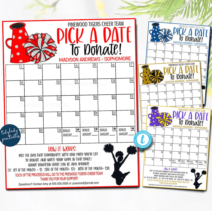 Cheer Pick a Date to Donate Printable, Cheerleader Fundraiser