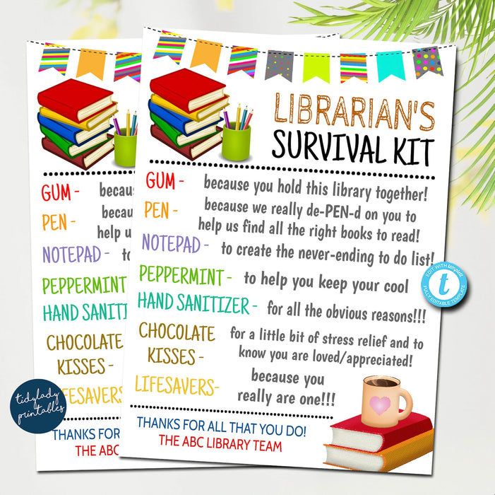 Librarian Survival Kit Printable, Back to School Gift, School Librarian Appreciation Day