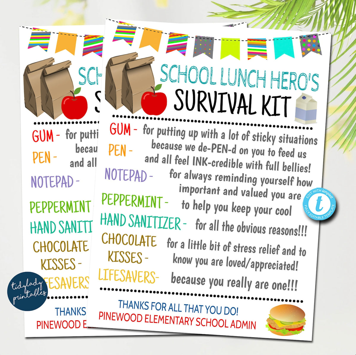 School Lunch Worker Survival Kit Gift Tag, School Lunch Hero Day ...