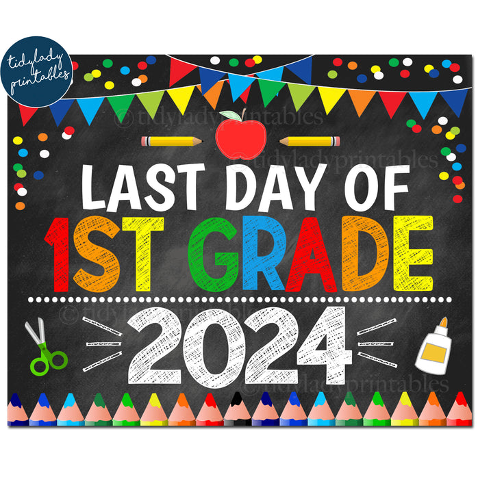 Last Day of First Grade 2024, Printable End of School Chalkboard Sign, Primary Colors Boy Confetti, 1st Grade Digital Instant Download