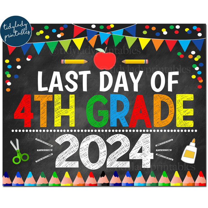 Last Day of Fourth Grade 2024, Printable End of School Chalkboard Sign, Primary Colors Boy Confetti, 4th Grade Digital Instant Download