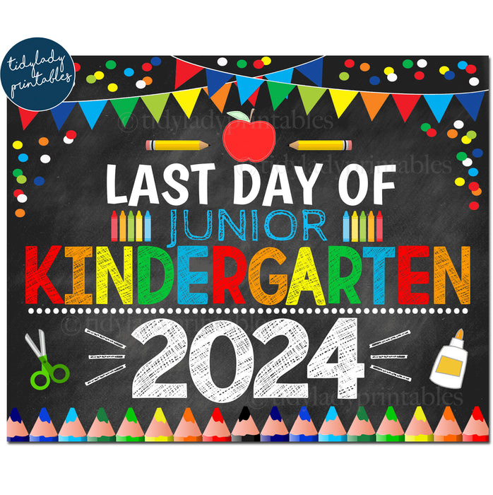 Last Day of Junior Kindergarten 2024, Printable End of School Chalkboard Sign, Primary Colors Boy Banner Confetti Digital Instant Download