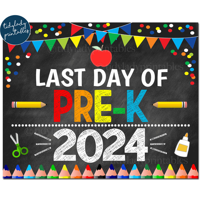 Last Day of PRE-K 2024, Printable End of School Chalkboard Sign, Primary Colors Boy Banner Confetti Digital Instant Download