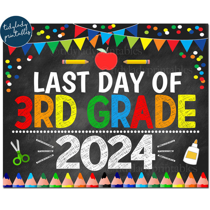 Last Day of Third Grade 2024, Printable End of School Chalkboard Sign, Primary Colors Boy Confetti, 3rd Grade Digital Instant Download