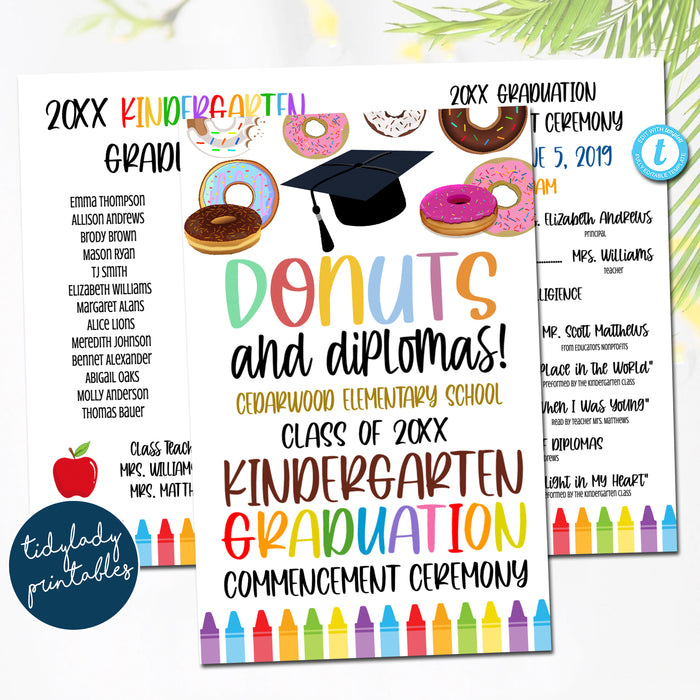 Donuts and Diplomas Theme Graduation Ceremony Program Template, Kindergarten Preschool Pre-k, Any Grade Elementary School, EDITABLE TEMPLATE