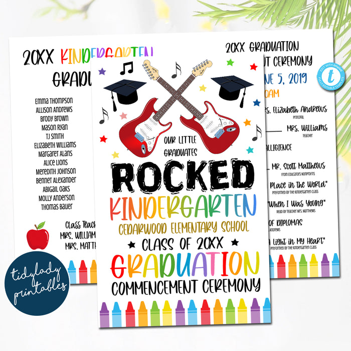 Music Rockstar Theme Graduation Ceremony Program Template Kindergarten, Any Grade Elementary School, Preschool Graduate, EDITABLE TEMPLATE