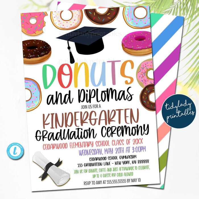 Donut Theme Graduation Invitation, Kindergarten, Preschool Pre K Any Grade Graduation Ceremony Invite Template