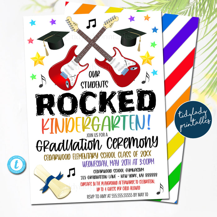 Music Rockstar Theme Graduation Invitation, Kindergarten, Preschool Pre K Any Grade Graduation Ceremony Invite Template