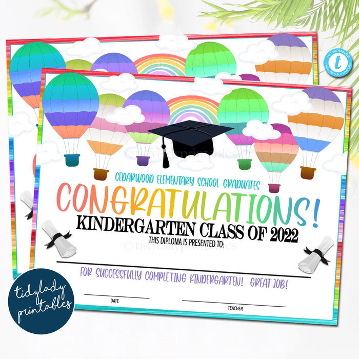 Oh The Places They'll Go Hot Air Balloon Theme Graduation Ceremony Certificate Diploma Template Kindergarten, Any Grade Elementary School, Preschool Graduate, EDITABLE TEMPLATE