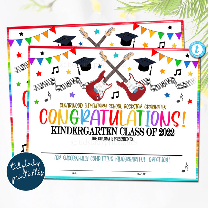 Music Rockstar Theme Graduation Ceremony Certificate Diploma Template Kindergarten, Any Grade Elementary School, Preschool Graduate, EDITABLE TEMPLATE