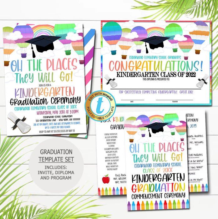 Oh The Places You'll Go Hot Air Balloon Theme Graduation Ceremony Set, Certificate Diploma Invite and Program Templates, Any Grade EDITABLE TEMPLATE