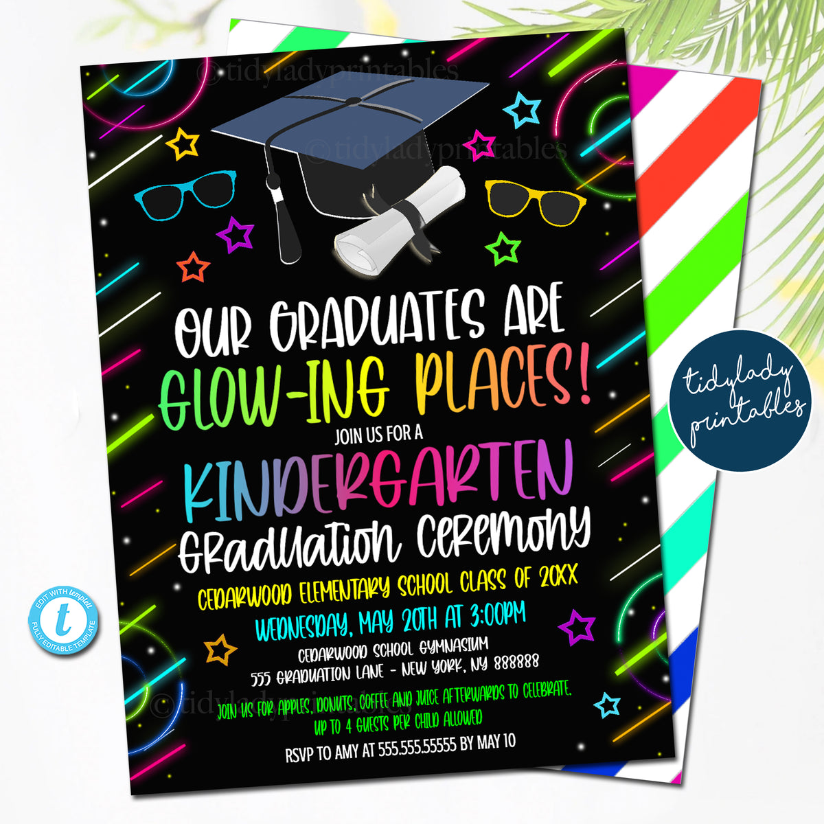 Glow in the Dark Neon Theme Kindergarten Graduation Party Invite ...