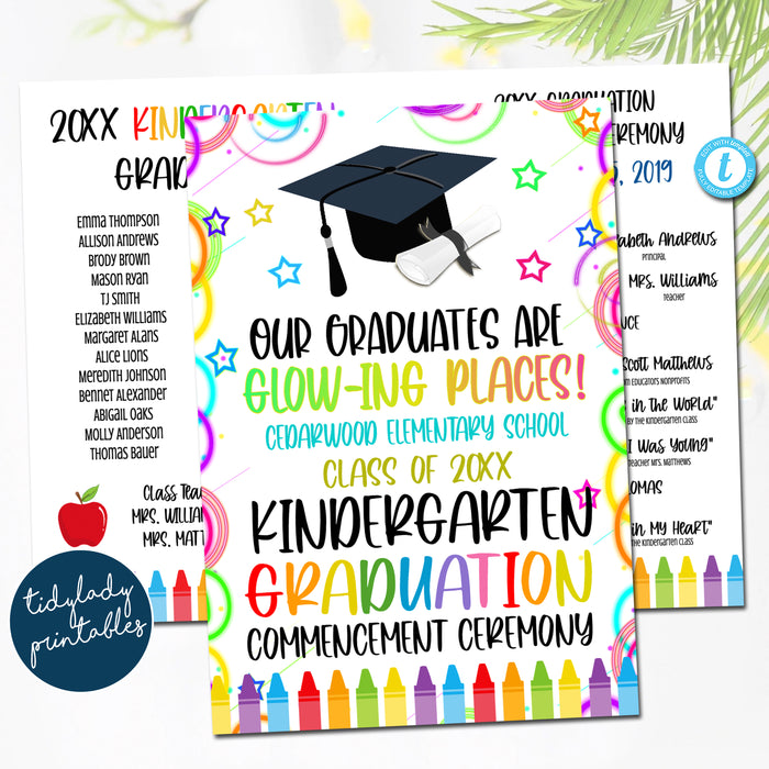 Glow in the Dark Theme Graduation Ceremony Program Template, Kindergarten Preschool Pre-k, Any Grade Elementary School, EDITABLE TEMPLATE