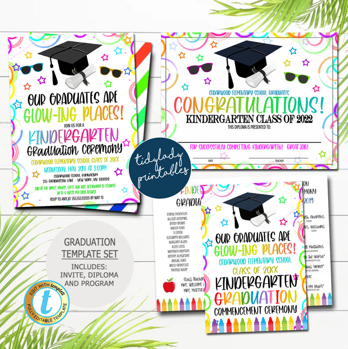 Glow in the Dark Neon Theme Graduation Ceremony Set, Certificate Diploma Invite and Program Templates, Any Grade EDITABLE TEMPLATE