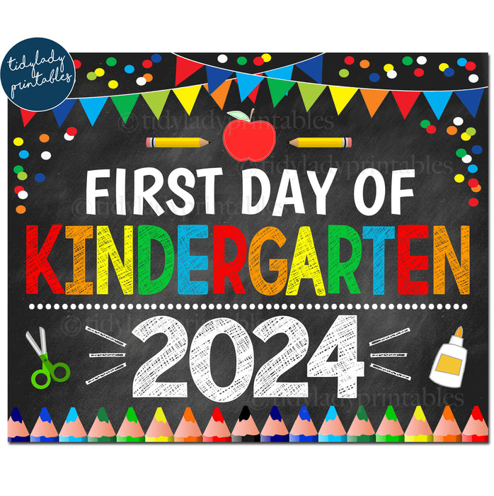 First Day of Kindergarten 2024, Printable Back to School Chalkboard Sign, Primary Colors Boy Banner Confetti, Digital Instant Download