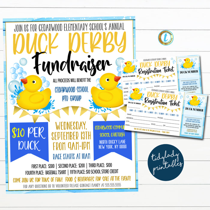 Duck Derby Fundraiser Flyer and Duck Race Registration Ticket Editable Template