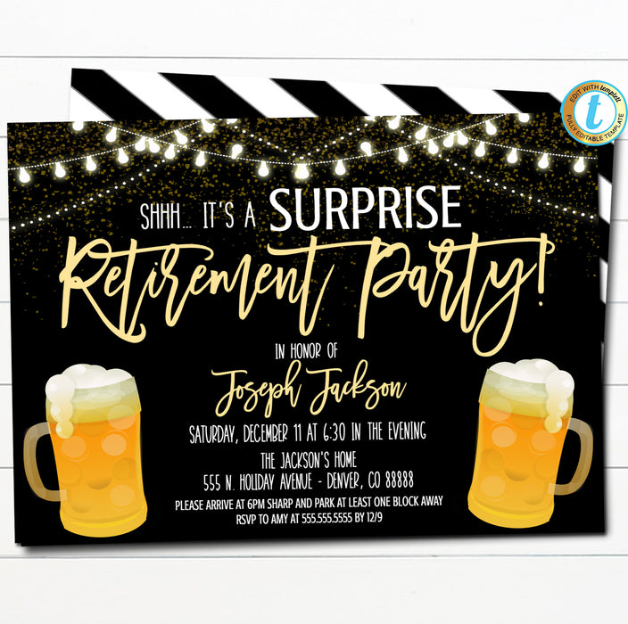 Editable Surprise Retirement Invitation Black Gold Printable Digital Invite, Retirement Party String Lights Beer Brewery, INSTANT DOWNLOAD