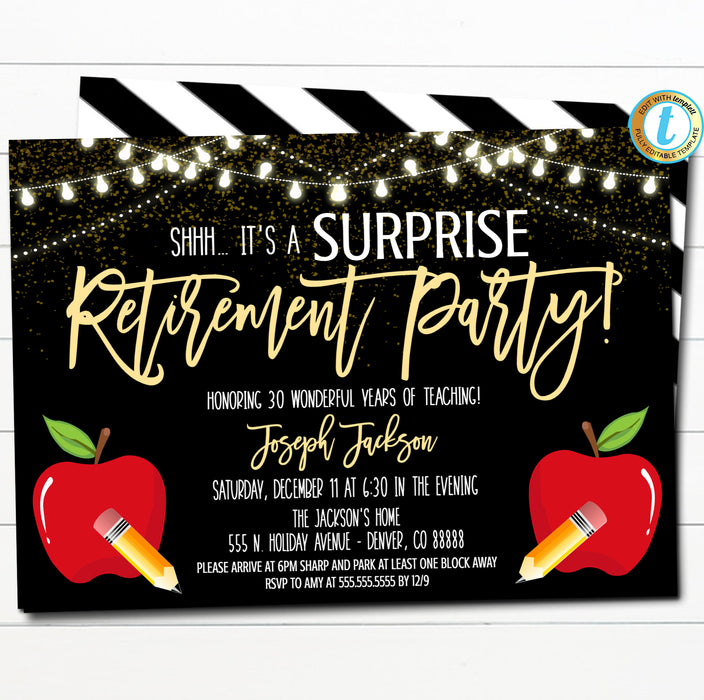 Editable Teacher Retirement Invitation Apple Printable Digital Invite, School is Out Retirement Party String Lights Glitter INSTANT DOWNLOAD