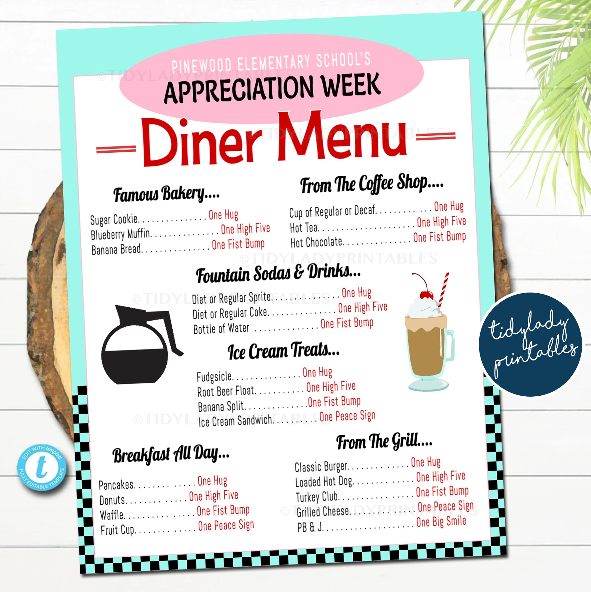 Retro 50s Diner Theme Party Printable Food Menu Sign Template