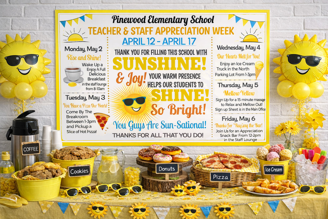 Yellow Sunshine Theme Teacher Appreciation Week Itinerary Poster Printable