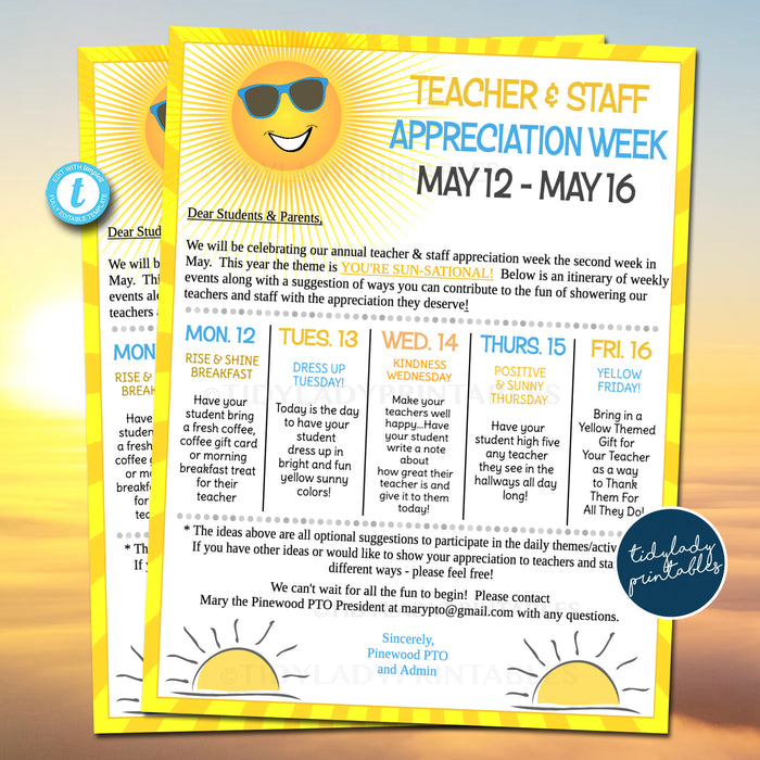 Yellow Sunshine Theme Teacher Appreciation Week Printable Party Set